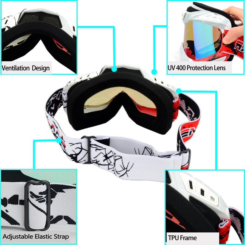 Ubelly ATV Dirt Bike Motocross Off Road Goggles Motorcycle Riding Racing MX UTV Windproof Dustproof Scratch Resistant Goggle for Adults Men Women and Youth (White&red) - Image 5